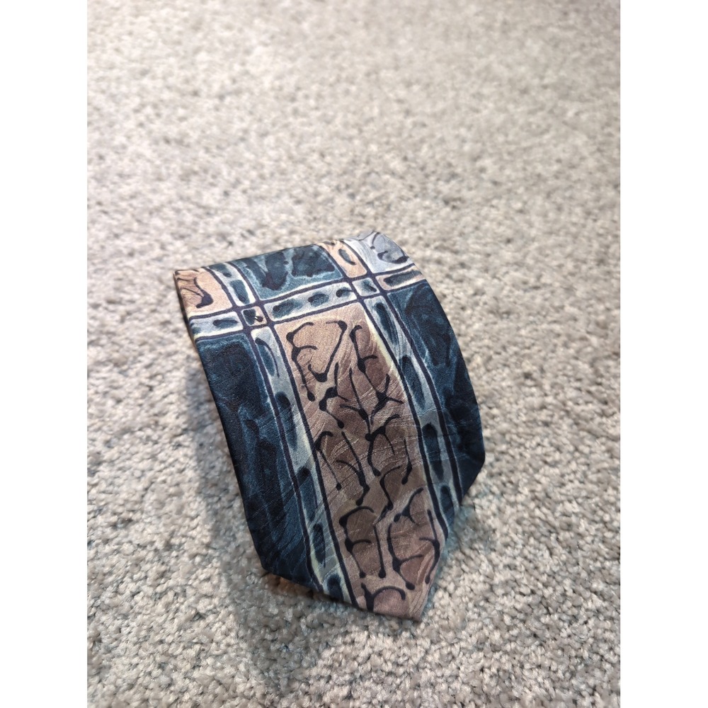 Robert Daskal Hand Painted Silk Tie‎ Blue Tan Abstract Art Men's Necktie